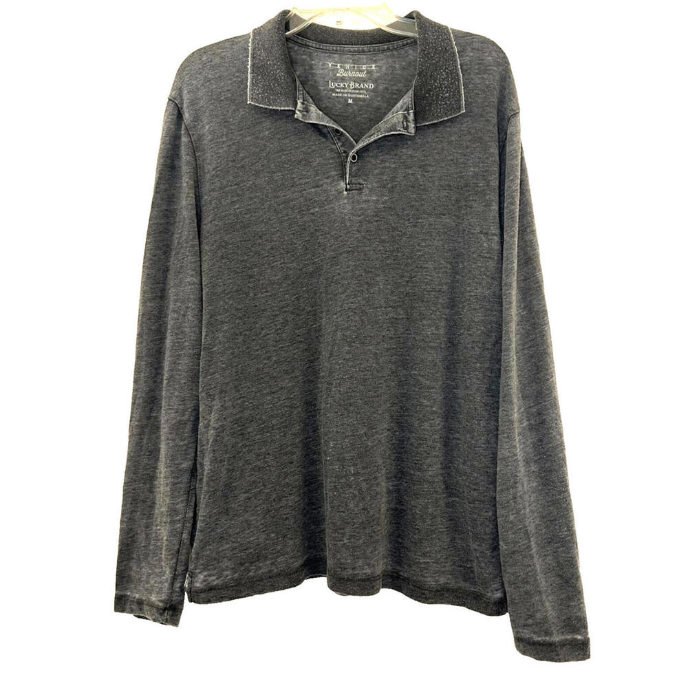 Lucky Brand Venice Burnout Polo Mens Medium Dark Gray Long Sleeve Casual